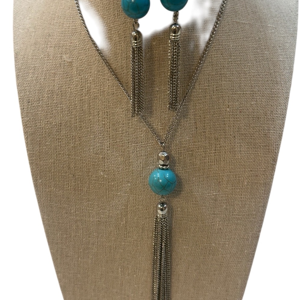 Turquoise & Silver Tassel Jewelry Set - Necklace & Earrings - Picture 3 of 12